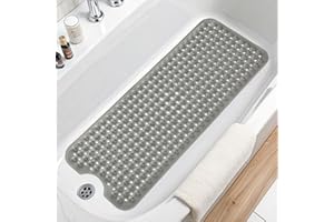 Arotive Bath Tub and Shower Mats, Extra Long Non-Slip 39 x 15 Inch Bath Mat with Drain Holes and Suction Cups, Bath Mats for Inside Shower, Machine Washable, Bathroom Essentials, Light Grey