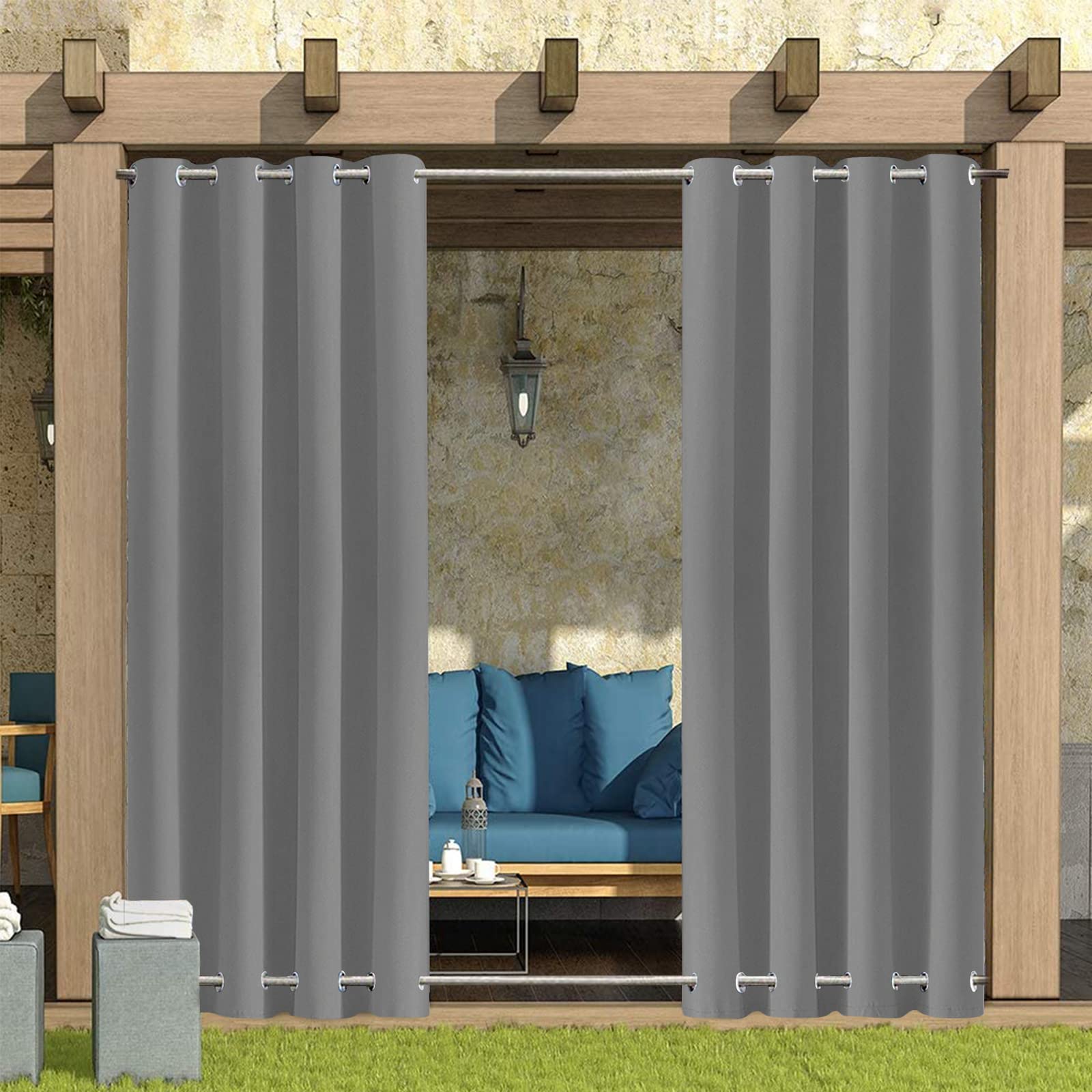 Rosnek Outdoor Curtains Waterproof,Thermal Insulated Pergola Curtain Blackout Gazebo Curtains Waterproof Windproof with Drape Eyelet Top and Bottom,Gray,52W''x 108L'',1 Panel