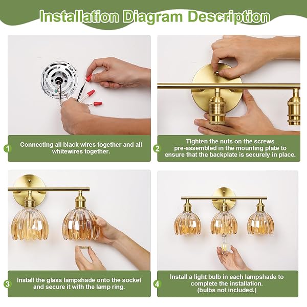 KVHIIW VINTAGE BATHROOM LIGHT FIXTURES,3-LIGHT HARDWIRED VANITY LIGHTS WITH GREEN TULIP GLASS SHADE,GOLD BATHROOM VANITY LIGHT FOR MIRROR RESTROOM,E26 SOCKET,18.5 IN(BULBS NOT INCLUDED)