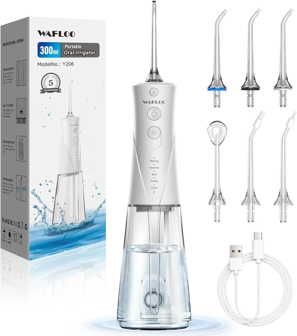 Wafloo Water Flosser 5 Modes 6 Nozzles 300ml Tank USB Rechargeable IPX7