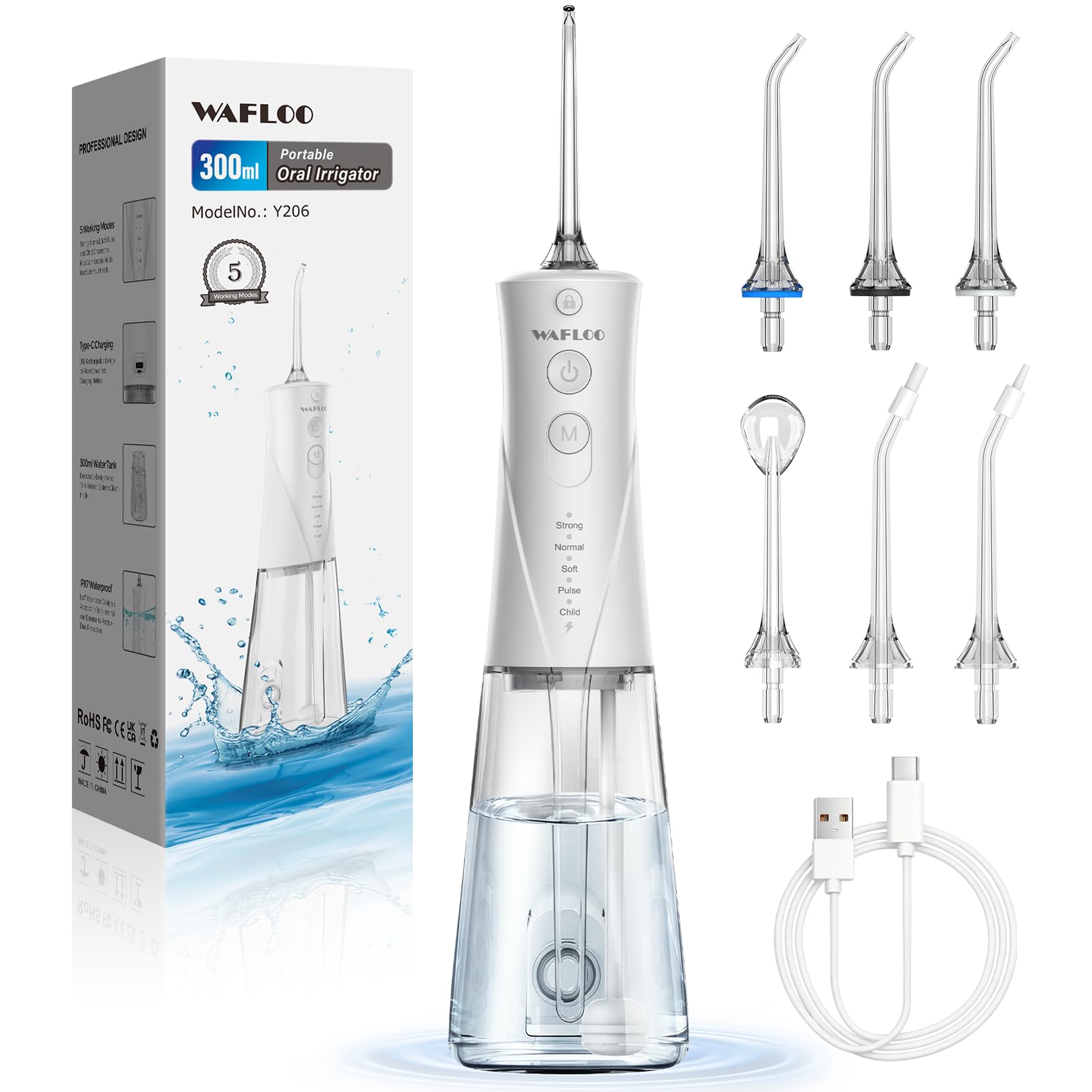 Water Flossers for Teeth - 5 Modes, 6 Flossing Tips, Rechargeable Cordless Portable 300ML Larger Tank Electric Waterflosser Cleaner IPX7 Waterproof Floss Cleaning Teeth Pick for Home Travel