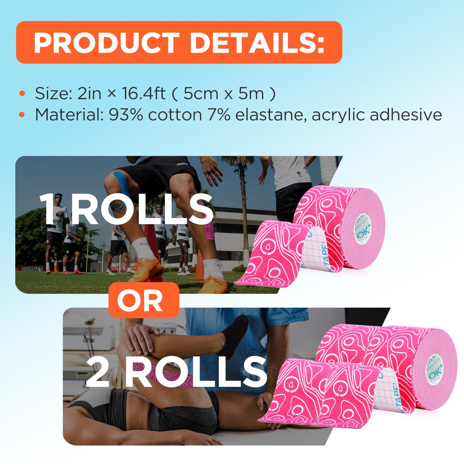 OK TAPE PRO Kinesiology Tape, 2inch x Long Roll 16ft Free Cut Tape, Elastic Athletic Tape Therapeutic Latex Free, 2 Rolls Beige+Beige