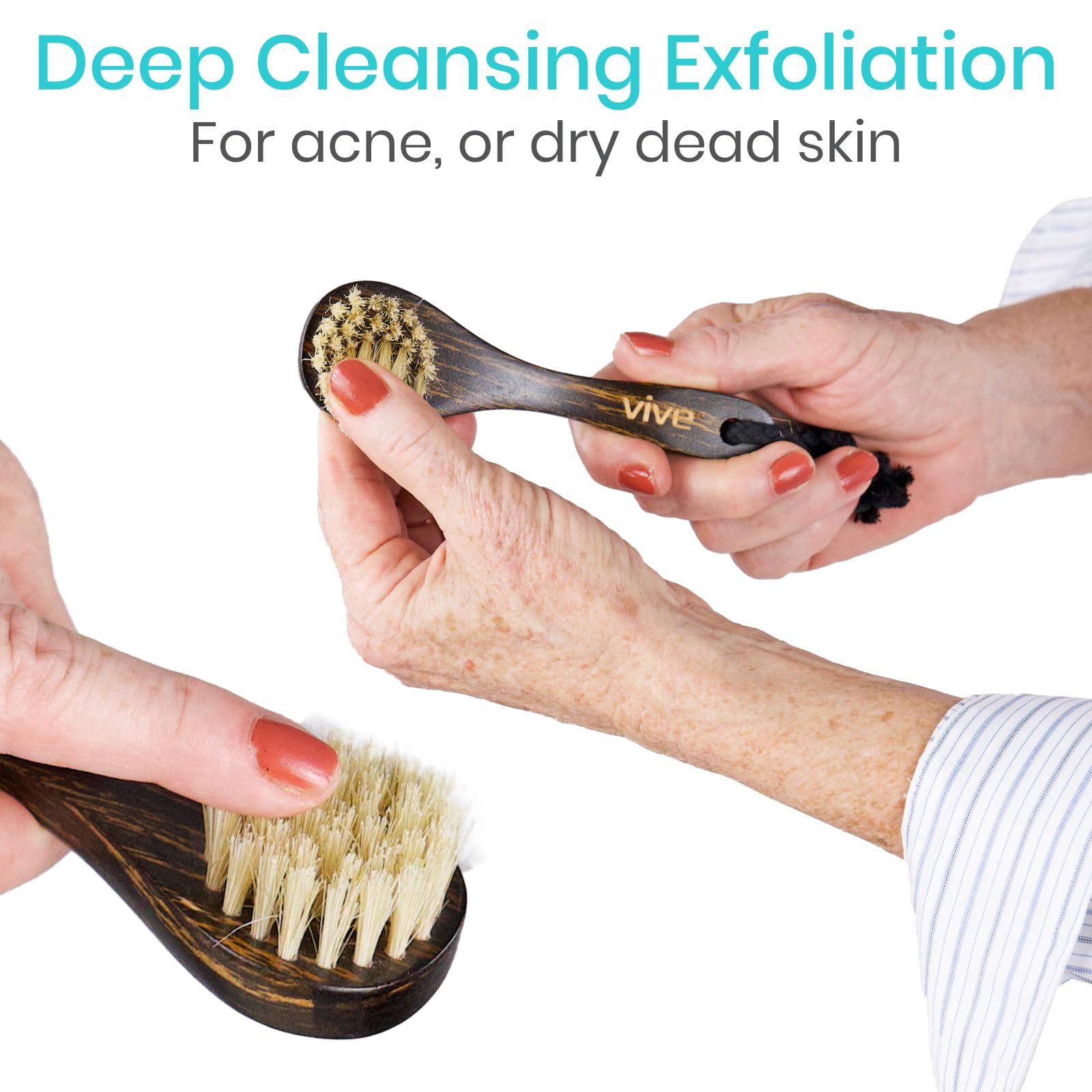 Vive Dry Brush Set for Lymphatic Drainage (3 Pieces) - Brushing Scrubber for Exfoliating, Body Cellulite and Skin Massage - 100% Natural Boar Hair Bristles, 14” Long Dark Wooden Handle w/Storage Bag