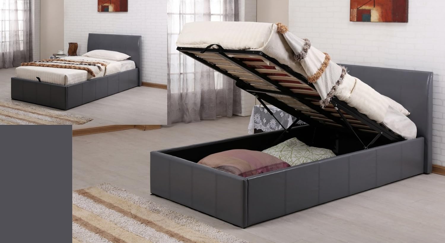 Siesta 3FT Single Faux Leather Ottoman Storage Bed in Grey Faux
