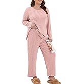 ZHUHOUSE Womens Plus Size Lounge Pajamas 2 Piece Pj Sets Soft Long Sleeve Ribbed Tops Wide Leg Pants with Pockets