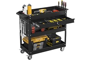 Granper 3 Tier Rolling Tool Cart with Drawers, Heavy Duty Utility Cart on Wheels, Large Storage Capability Service Cart for Garage, Warehouse and Repair Shop (Black)