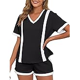 VIAURBE Matching Short Sets for Women Short Sleeve Lounge Sets 2025 2 Piece Outfits Black XL