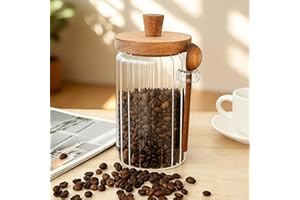 LYDODOKA Coffee Canister, 34oz Glass Coffee Container with Wooden Spoon and Lid, Ribbed Design, Airtight Kitchen Storage Jar 