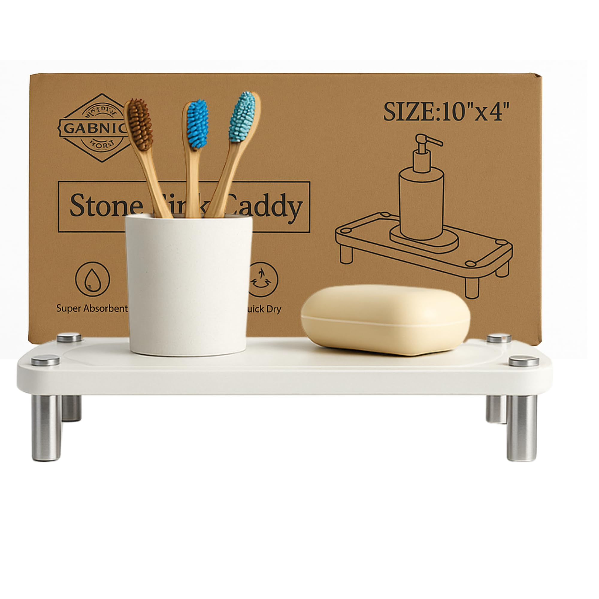Photo 1 of ** MISSING LEGS ** GABNICO Home Modern Cream Sink Caddy - Water Absorbing Diatomite Stone Tray - Stainless Steel Feet - Fast-Drying Stone Sink Tray for Kitchen Counter (10"X4")