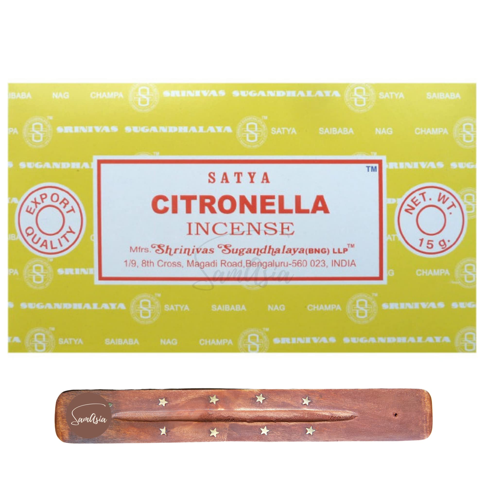 Satya Nag Champa Citronella Incense Sticks | x12 pack | with SAMASIA incense sticks holder | Used for Ciomatherapy, Spa, Yoga, Weddings, Meditation, Healing, Positivity and Relaxation โ image 1
