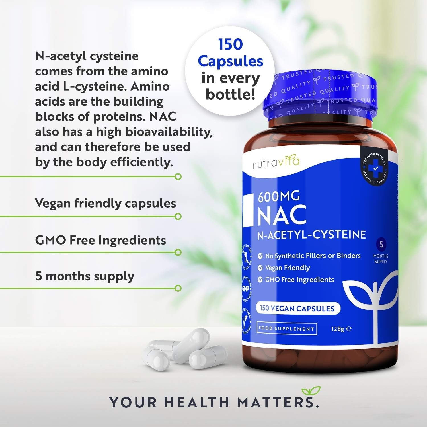 Nutravita NAC N-Acetyl-Cysteine 600mg, 150 Vegan Capsules, 5 Months Supply of NAC Supplement - Image 3