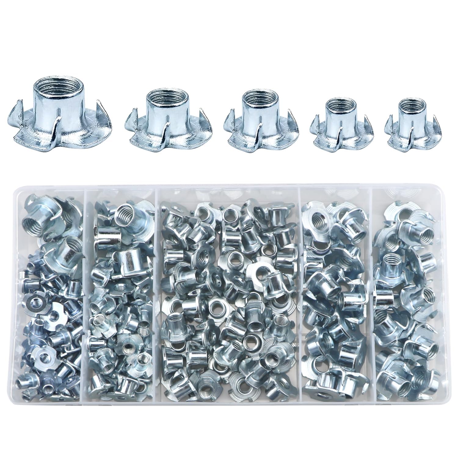 151 Pcs Four Pronged T-Nut Assortment, Threaded Insert Tee Nuts Kit,Captive Blind Connecting Bolt Fixings,For Wood Furniture, Brackets And Cabinets (M4/M5/M6/M8/M10)