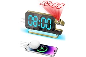COOLNIGHT GoldenDigital Mirror Projection Clock, 6.5'' Display With 180 Ceiling Projection, 11 Colors & 6 Brightness Levels, Loud Alarm With USB C Port for Kids/Adults
