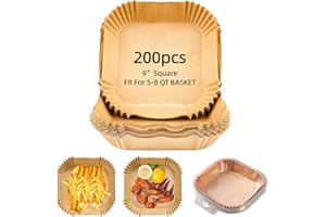 200PCS Air Fryer Liners, 9” Square Disposable Parchment Paper Liners for 5-8QT Air Fryer– Non-Stick and Oil Proof for Easy Cl