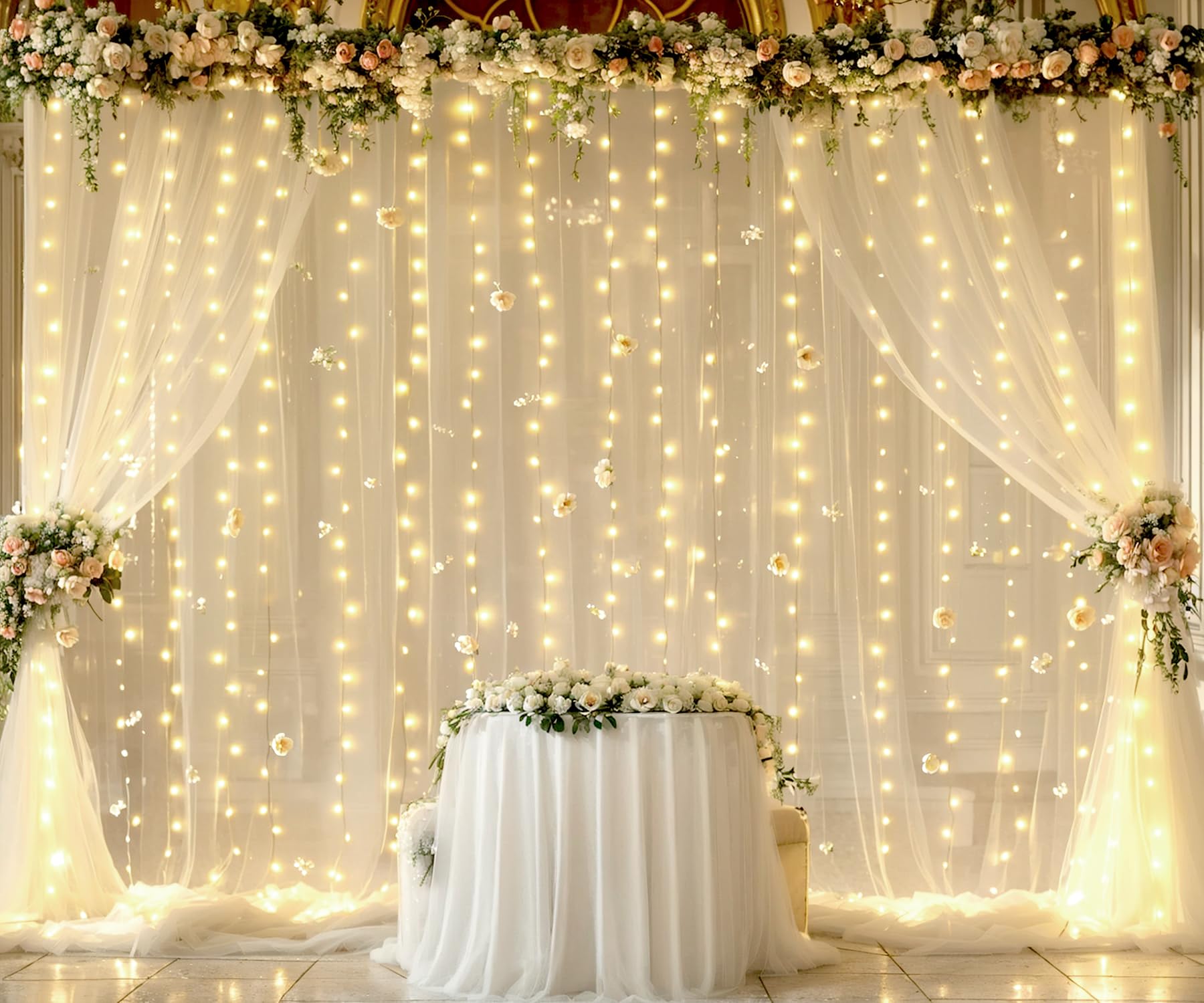 Photo 1 of Champagne Tulle Photo Backdrop Curtain with Lights String for Parties Wedding Bridal Shower Sheer Champagne Curtain Backdrop for Birthday Baby Shower Photo Booth Photography 30ft x 8ft