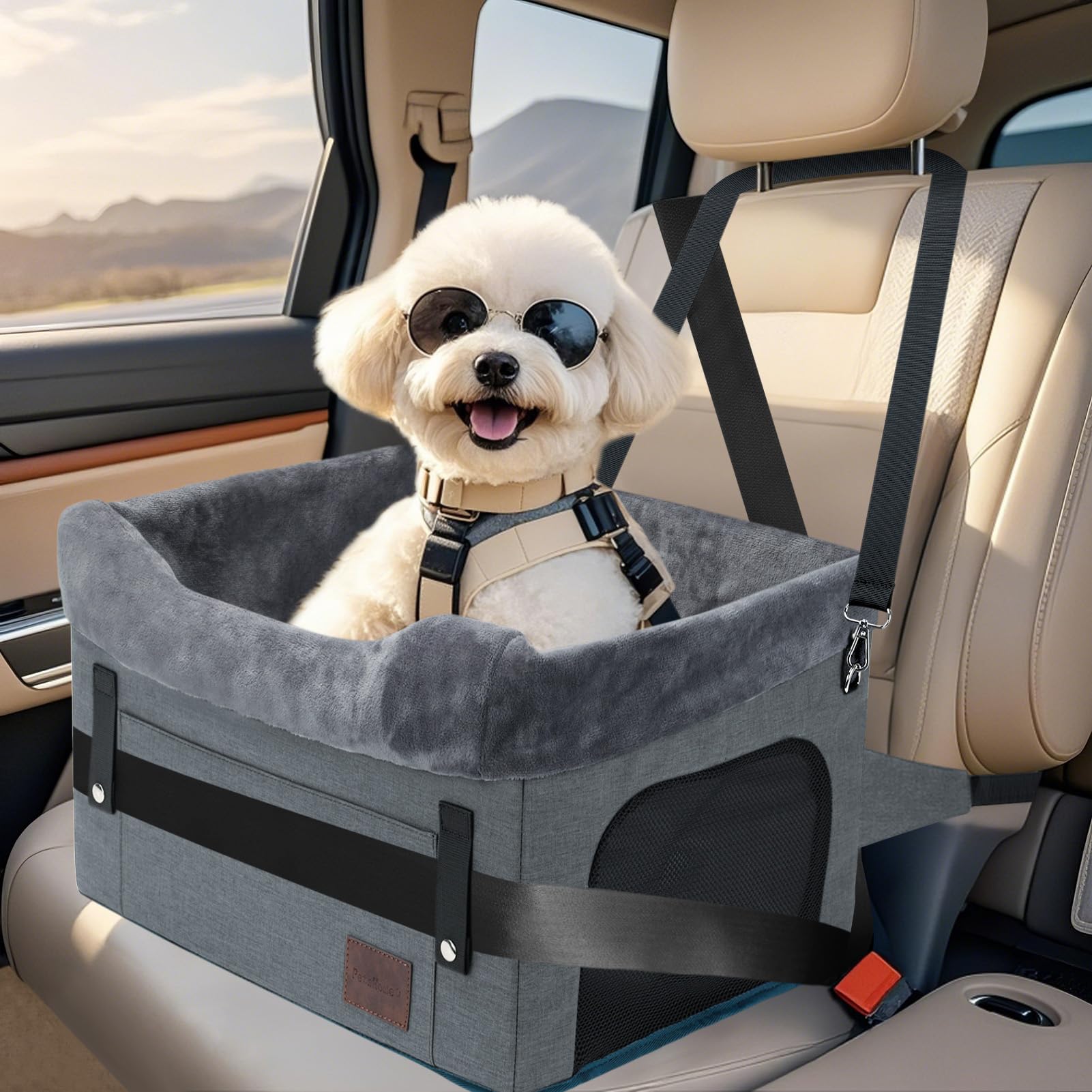 Photo 1 of PetsHome Dog Car Seat for Small Dogs, Detachable Washable Dog Booster Car Seat with Storage Pocket, Breathable Mesh, Safety Leash, Adjustable Straps for Small Pets Up to 25lbs-Grey