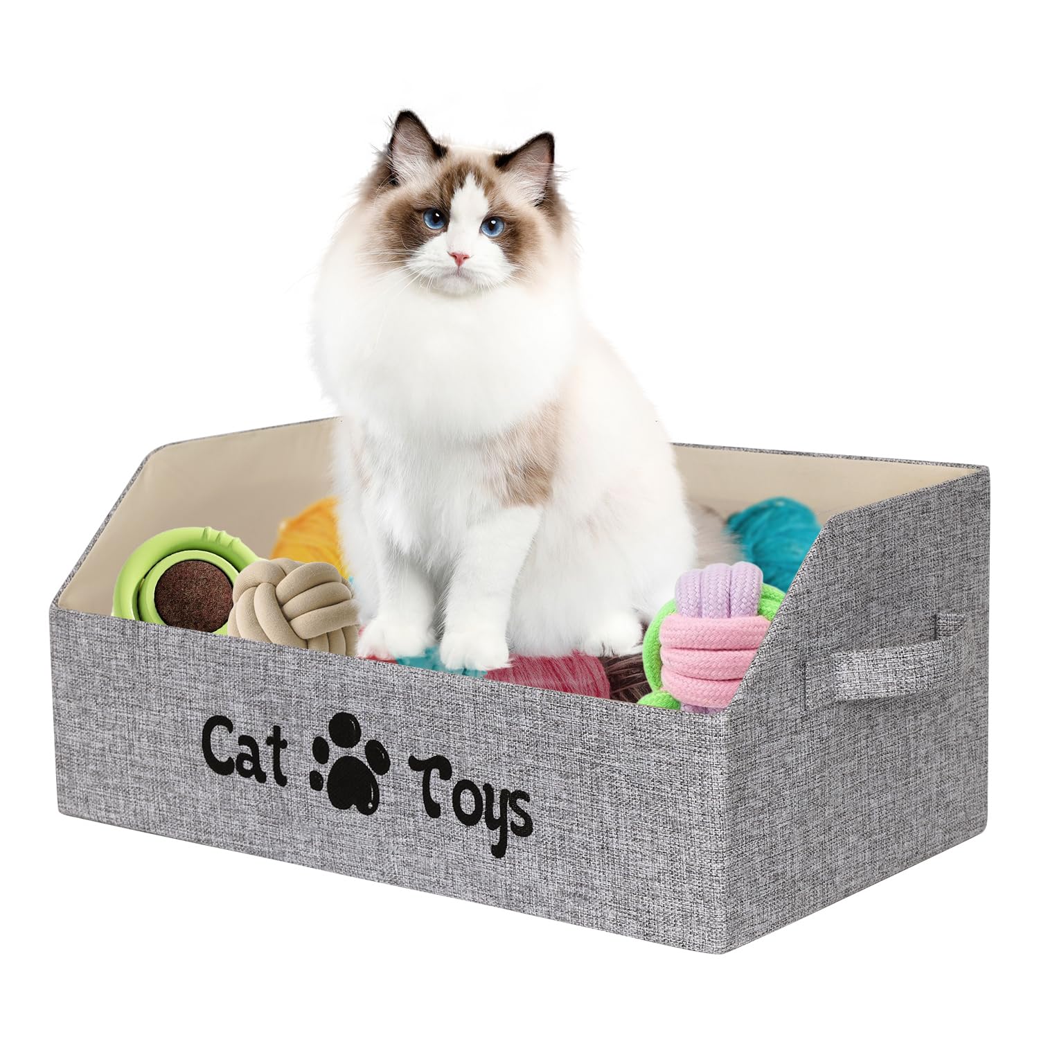 BinWhiz Large Size Cat Toy Box, 50x29x22 cm Collapsible Basket for Cats and Kittens, Pet Storage Box Chest Holder Organizer with Handles for Toys, Clothes and Accessories, Grey (For Cat)