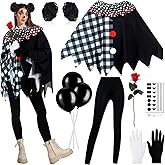 Haull 11 Pcs Jester Killer Clown Costume for Women Halloween Scary Clown Poncho Red Rose Balloon Wig Gloves Leggings Creepy Costume for Women Halloween Cosplay Accessories