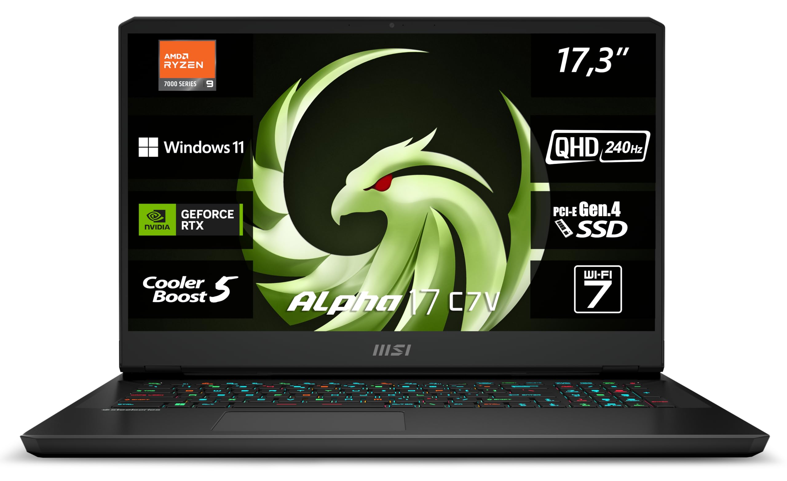 MSI Alpha 17 C7VG-031, Gaming Laptop, 43,9 cm (17,3 Zoll) QHD, 240 Hz, AMD Ryzen 9 7945HX, 32 GB DDR5-5200, 1 TB SSD, NVIDIA GeForce RTX 4070, Windows 11 Home, QWERTZ Tastatur, Schwarz