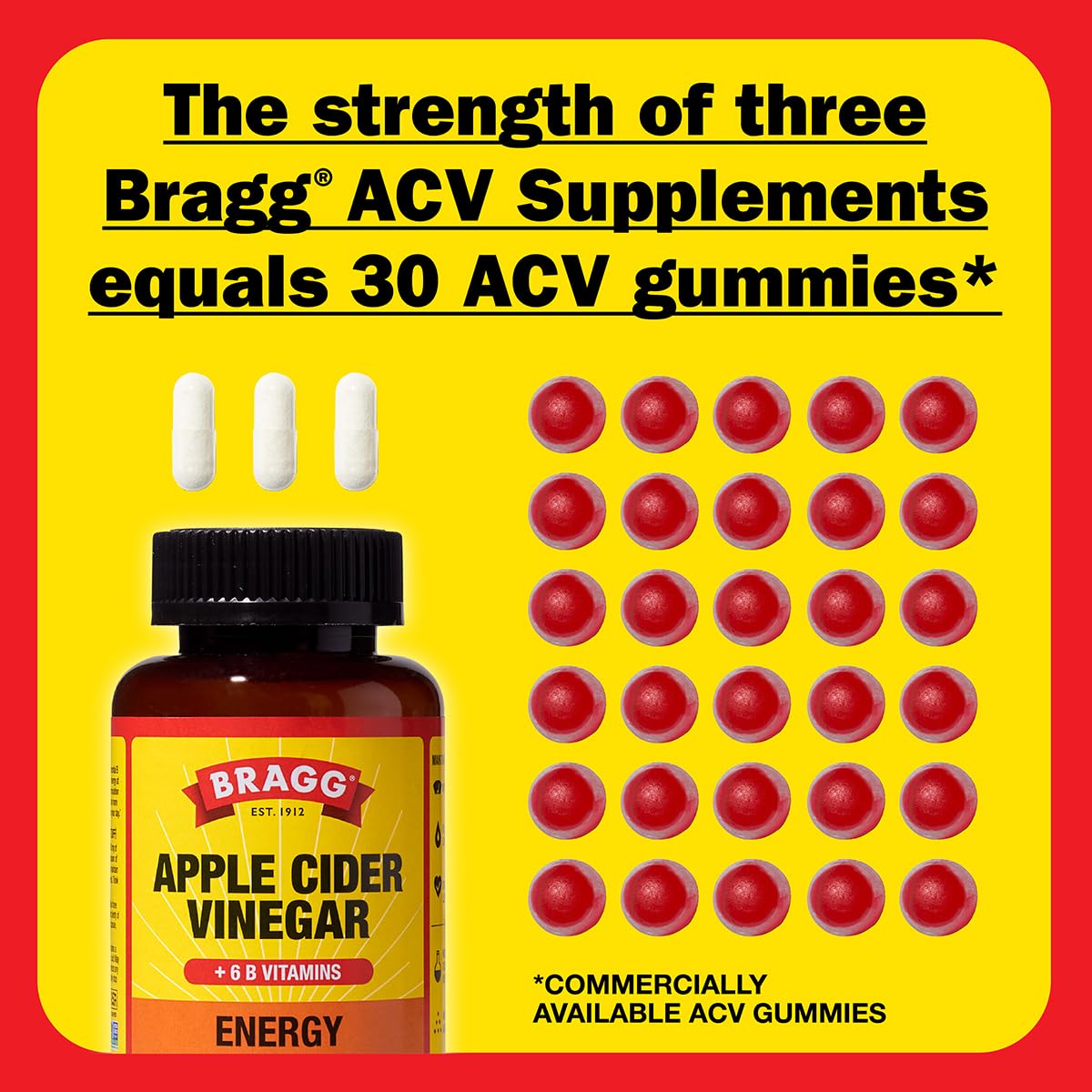Bragg Energy Apple Cider Vinegar Capsules with B-12 Vitamins - 90 Capsules - Weight Management - Non-GMO, Vegan, Gluten Free, No Sugar - Helps Generate Energy at Cellular Level for Men and Women