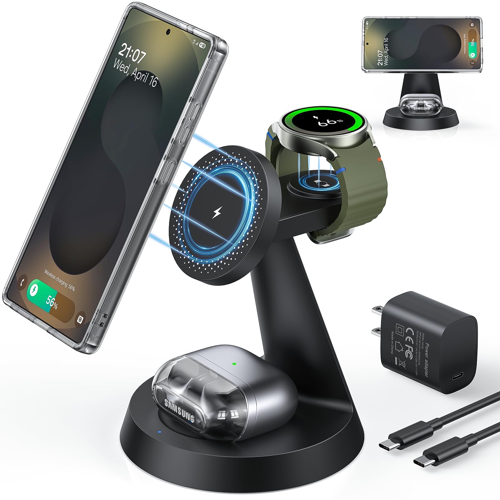 Magnetic Wireless Charger for Samsung, 3 in 1 Charging Station Compatible with MagSafe Samsung Charger for Galaxy S26 Ultra S25 Z Fold7/Flip7, Watch Charger Stand for Galaxy Watch Ultra 8 7, for Buds