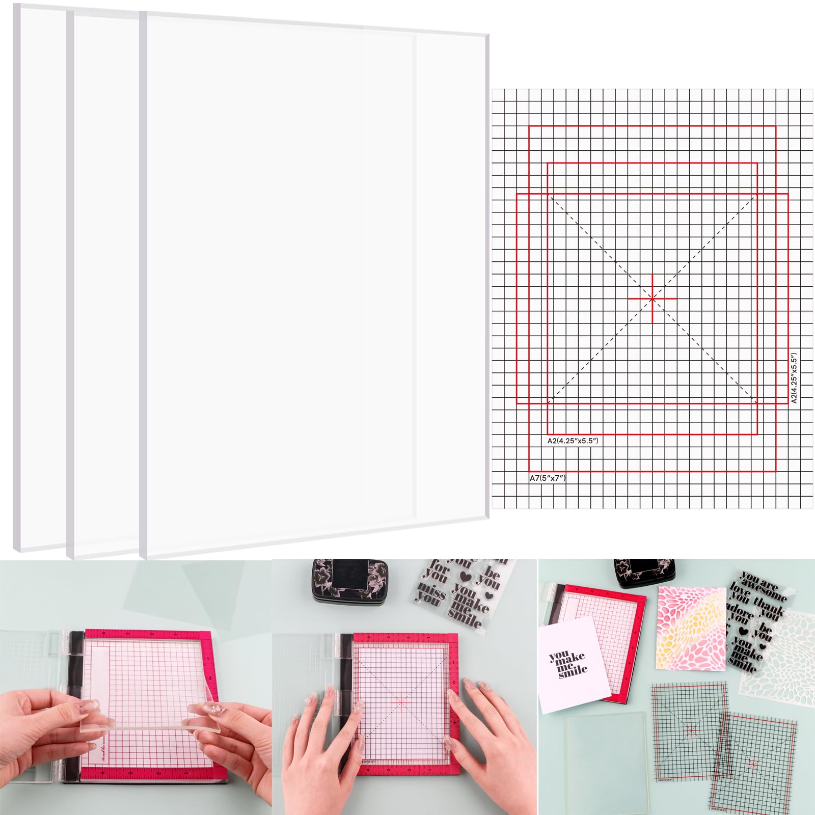 3PCS 6.5X8.5"Photopolymer Grip Mat with 6PCS Printed Guides for Stamping,Multi-Use Non-Slip Sticky Mats Fit In Stamp Positioning Tool for Card Making Hold Your Cardstock In Place When Stamping,Stencil