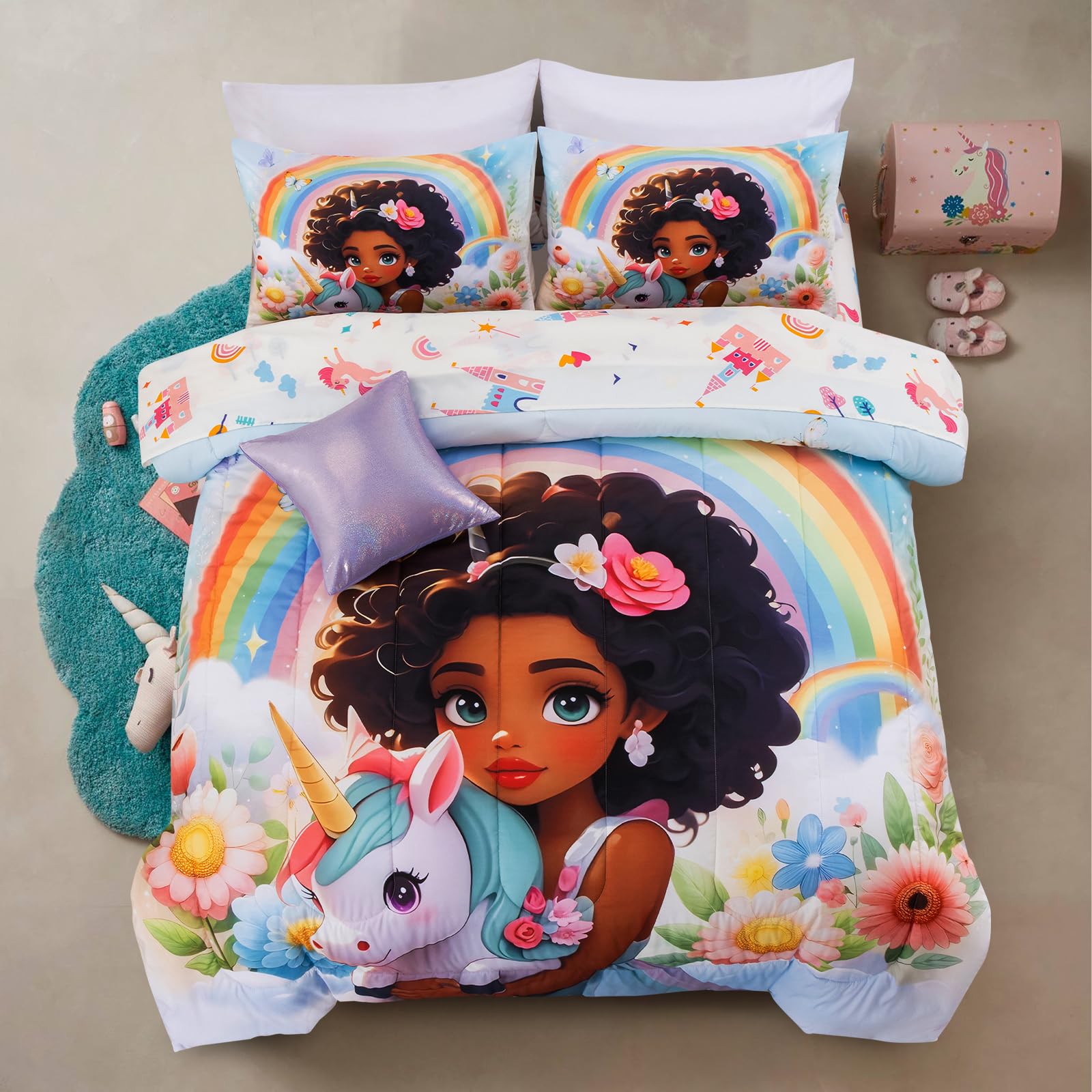 A Nice Night Princess Style Rainbow Unicorn Full Size Comforter Set for Girls - 6 Piece Flower Bedding Sets with Sheets, Breathable and Soft Polyester Fiber, Kids Comforter Set for Teen Girls,Full Image
