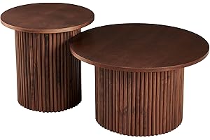 NORDICANA Nesting Round Coffee Table Set of 2, Boho 2 Piece Side Table End Table Set for Living Room Bedroom, Manufactured Wood Top with Walnut Veneer