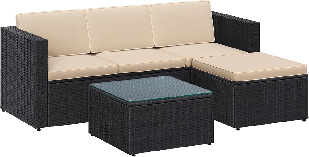 SONGMICS Garden Furniture Set PE Rattan Patio Corner Sofa With Cushions