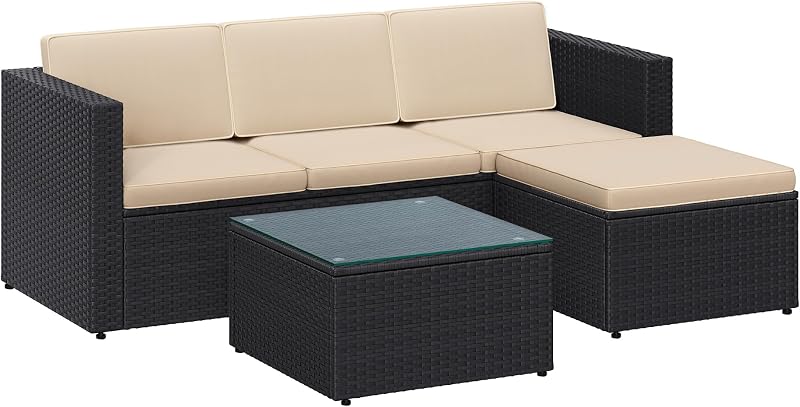 SONGMICS Garden Furniture Set PE Rattan Patio Corner Sofa With Cushions