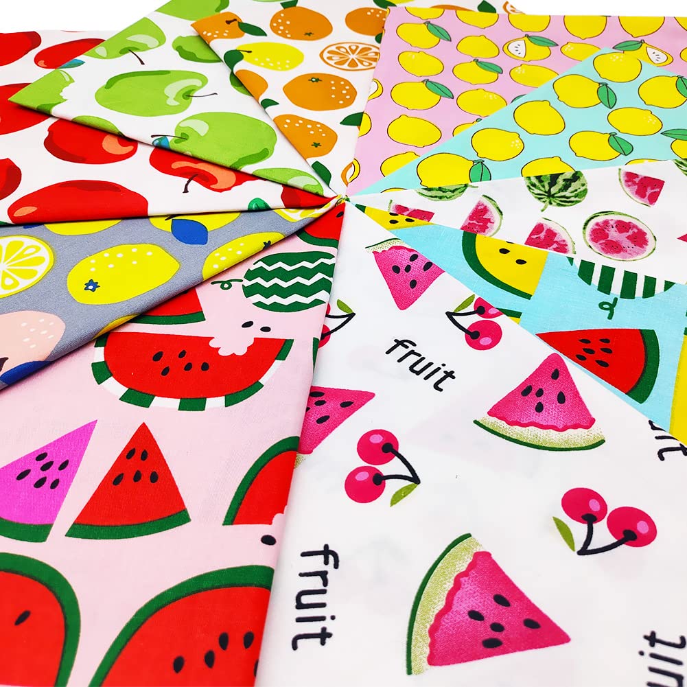 QiMicody Fat Quarters Fabric Bundles, 10 Pcs 100% Cotton 19.69” x 19.69” (50cmx50cm) Precut Quilting Fabric Squares Sheets for DIY Patchwork Sewing Quilting Crafting, No Repeat Design (Fruit Pattern)