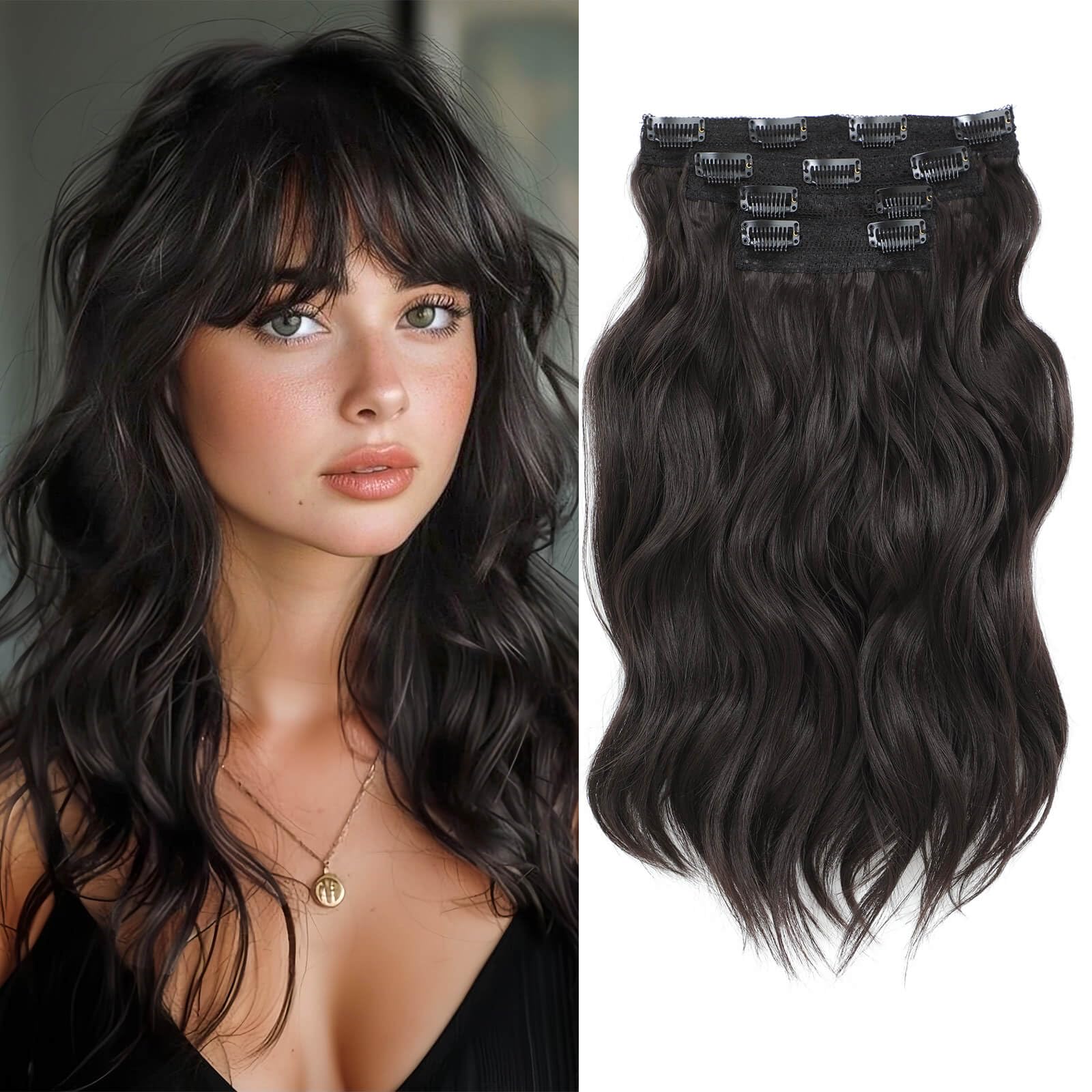 Flyroseing 14 Inch Hair Extensions, 4PCS Hair Extensions Clip in Dark Brown Short Wavy Hair Extension Invisible Lace Weft Natural Soft Hairpieces for Women Synthetic Hair Extension