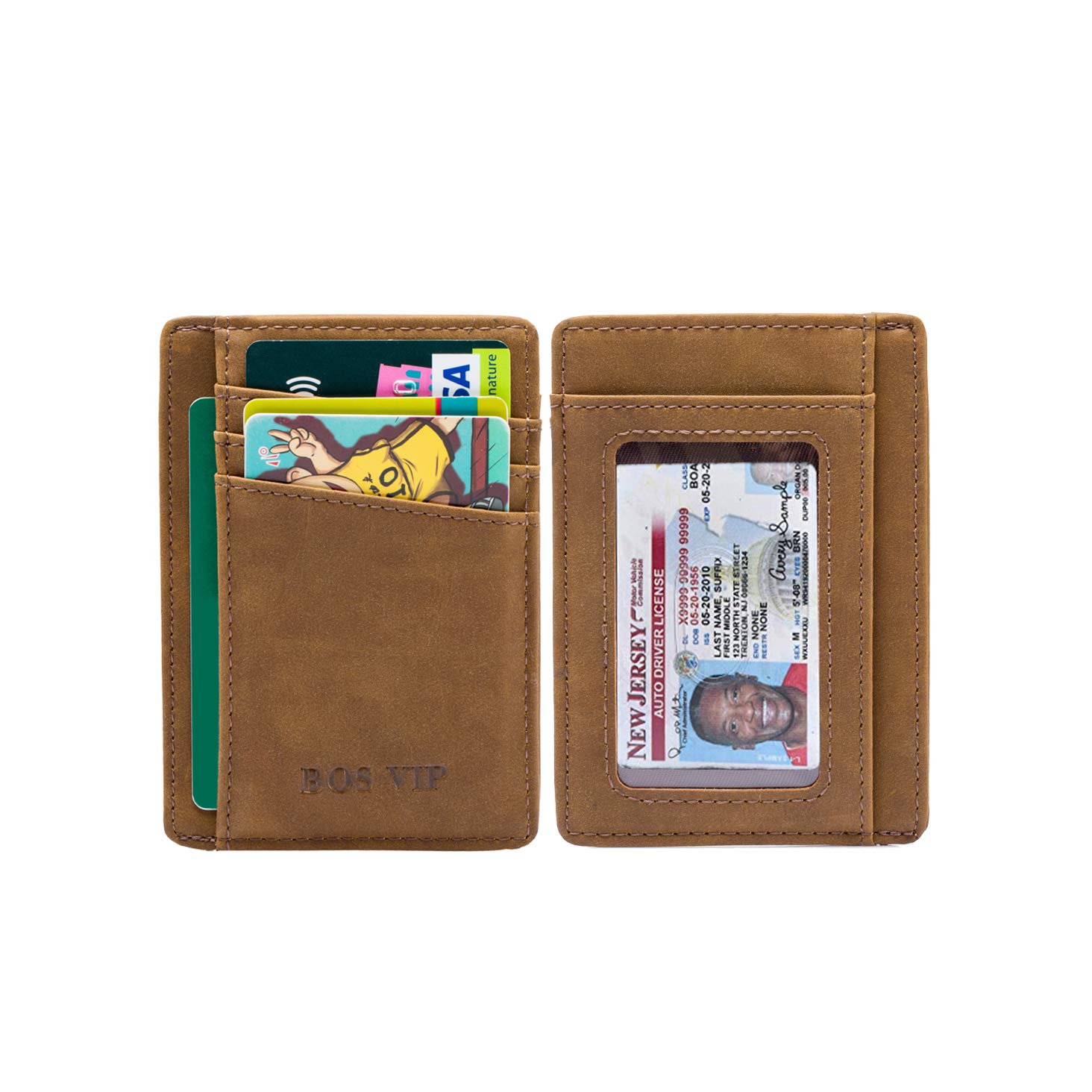 BOS VIP Women Mens Credit Card Holder Slim Leather Wallets,RFID Blocking Minimalist Front Pocket Wallet Brown