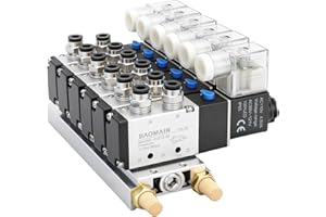 Baomain 6 Station Solenoid Valve Manifold, 110V AC 5 Way 2 Position Pneumatic Air Valve, Six Solenoid, 1/4" PT Port, Includes