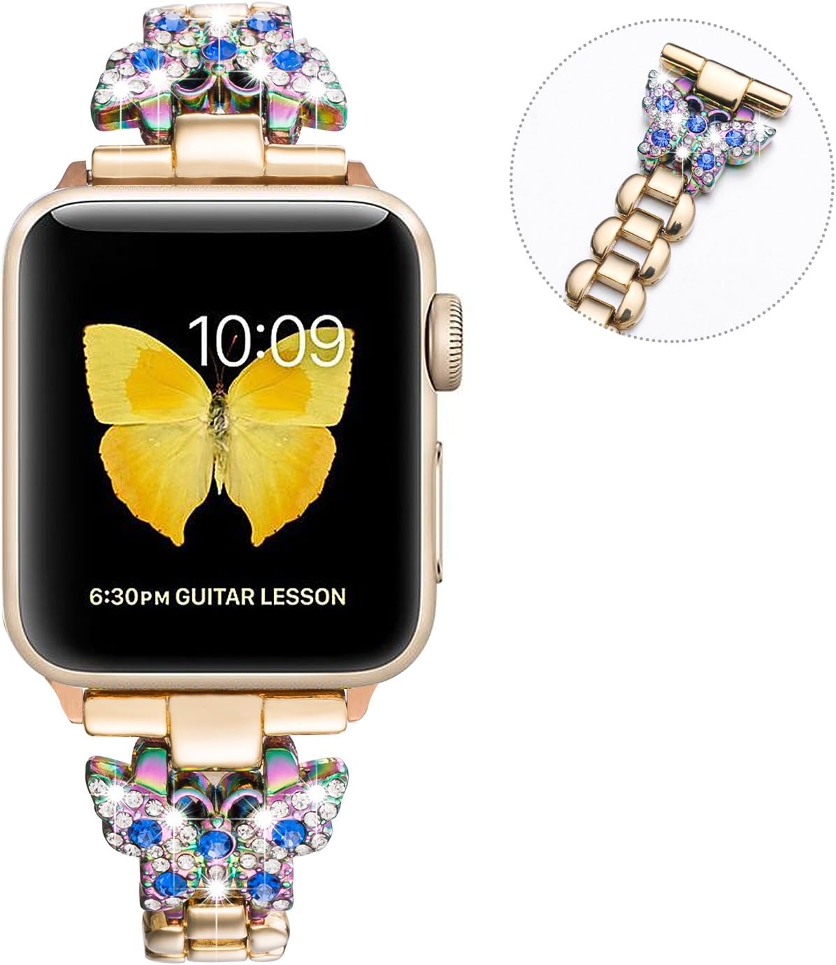 Sangaimei Jewelry Stainless Steel Band,Adjustable Bracelet with Rhinestone Compatible for 38/40mm Apple Watch Series 4/3/2/1 Nike+ (Gold,Color Butterfly 38/40mm and Dark Blue Diamond)