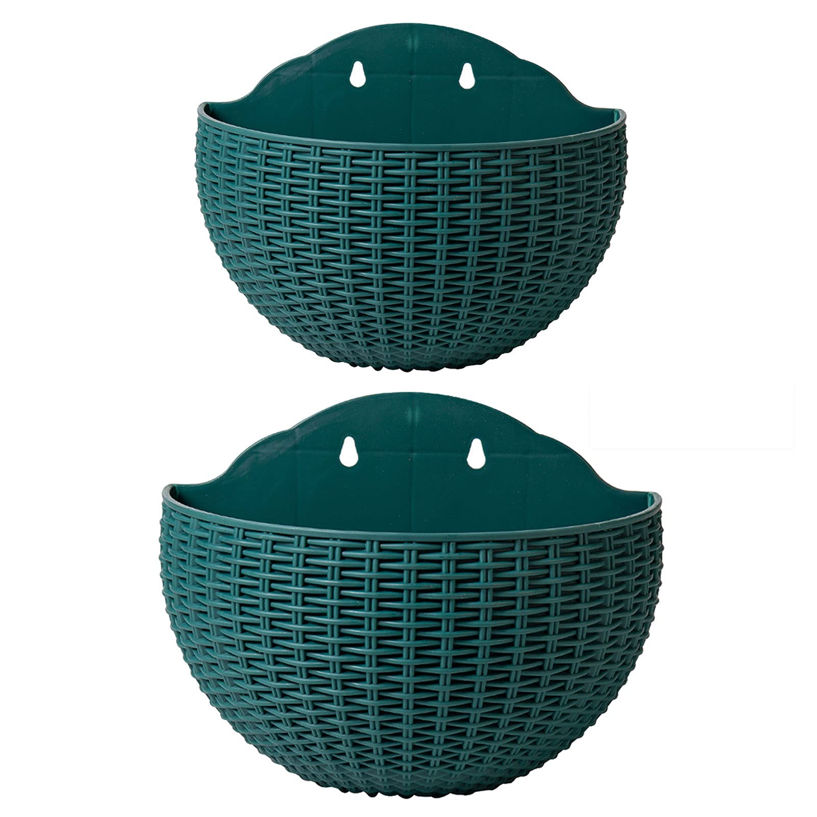 2 Pcs Imitation Rattan Wall Hanging Flower Pot, Semicircle Hanging Planters Outdoor with Drainage Hole and Hooks, Plastic Garden Hanging Basket for Balcony Fence (Dark green)