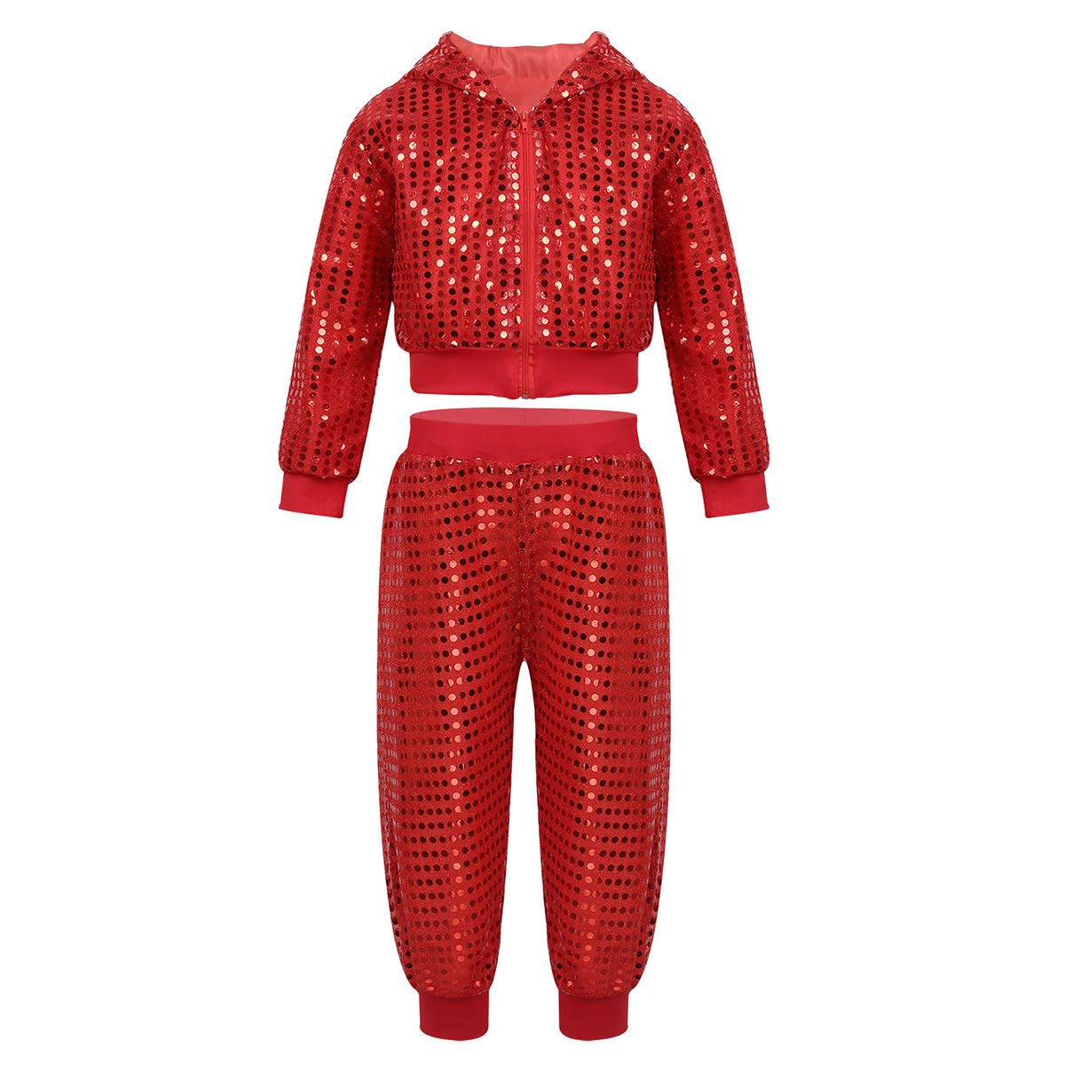 FEESHOW Kids Boys Girls Sequin Jazz Hip Hop Dance Costume Children Dancing Clothing Set Stage Performance Costume Dancewear Red 7-8 Years