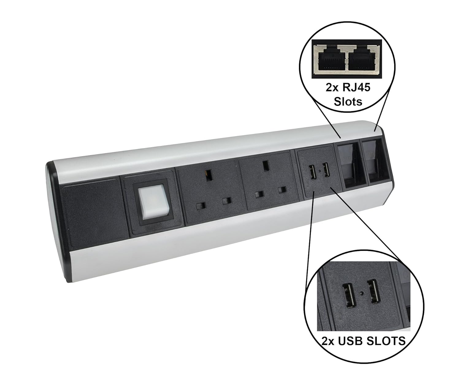 Desktop Mounted Power Extension w/2 x UK Sockets, 2x USB, 2 x RJ45, 2m