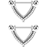 CM Crareesi Mania Teardrop Nipple Shield Rings 316L Stainless Steel Nipple Piercing Jewelry 14g Nipple Retainer Barbells Body Piercing for Women 2pcs Double Clear CZ Paved Nipple Bars