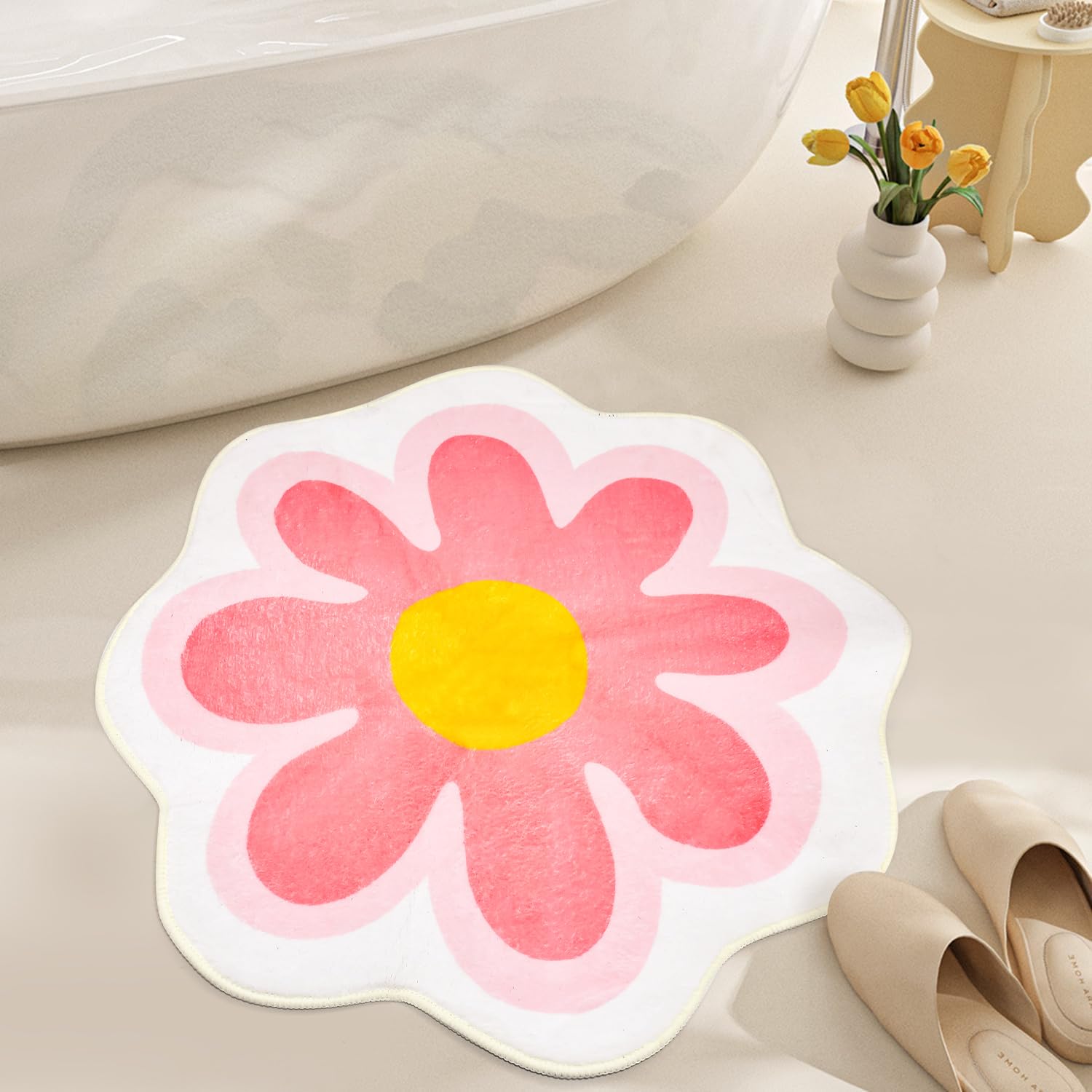 SPEACOUR Bath Mat 60 x 60 cm Soft Non-Slip Bathroom Mat Pink Flowers Bath Rug Super Absorbent Bath Mat with Cleaning Brush Machine Washable Shower Mat for Bathroom Kitchen Living Room Toilet(Pink)