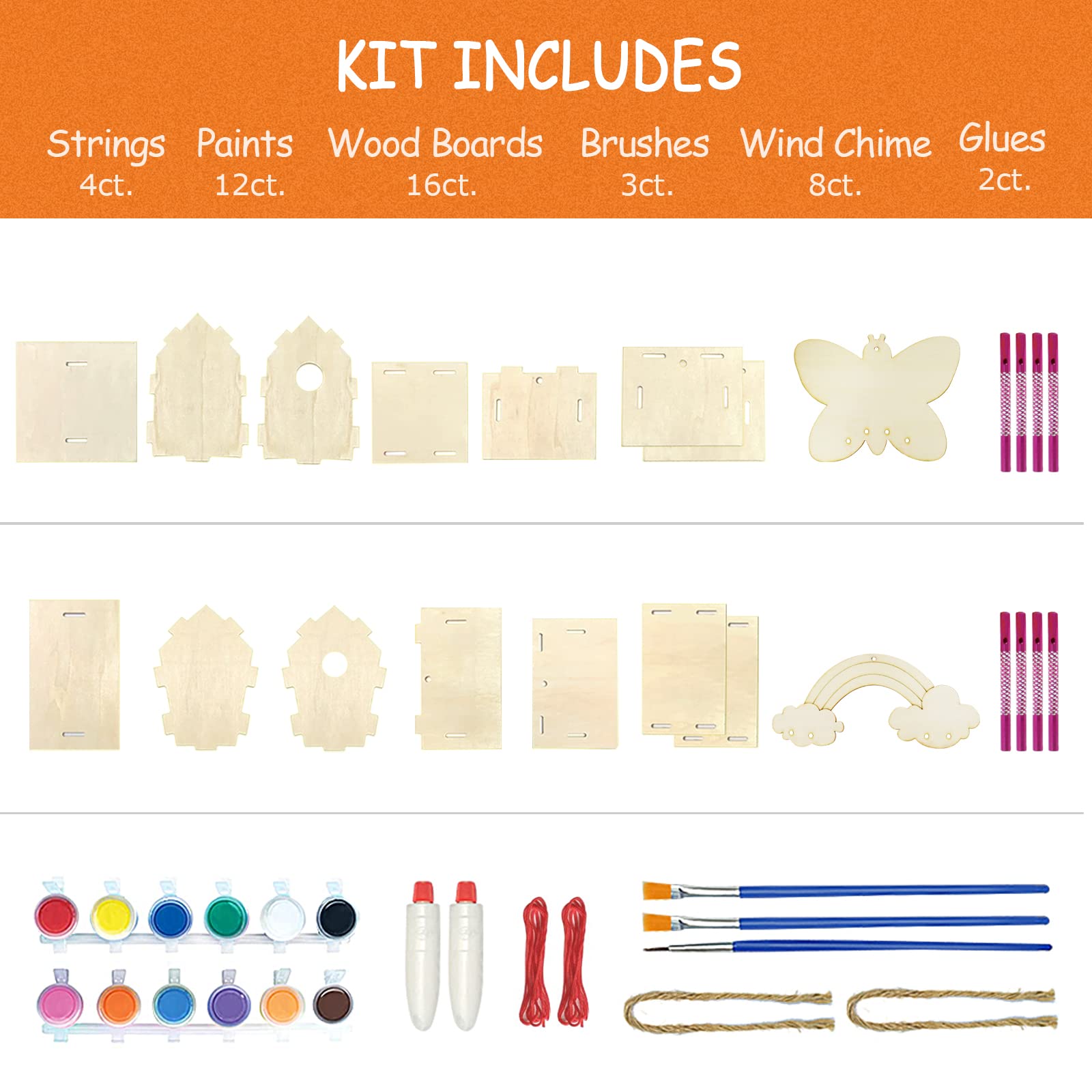Crafts for Kids Ages 4-8 - 4 Pack DIY Bird House Wind Chime Kit - Build and Paint Birdhouses Wooden Arts Kits Easter Basket Stuffers Gifts for Girls Kids Boys Toddlers Ages 3-5 4-6 6-8 8-12