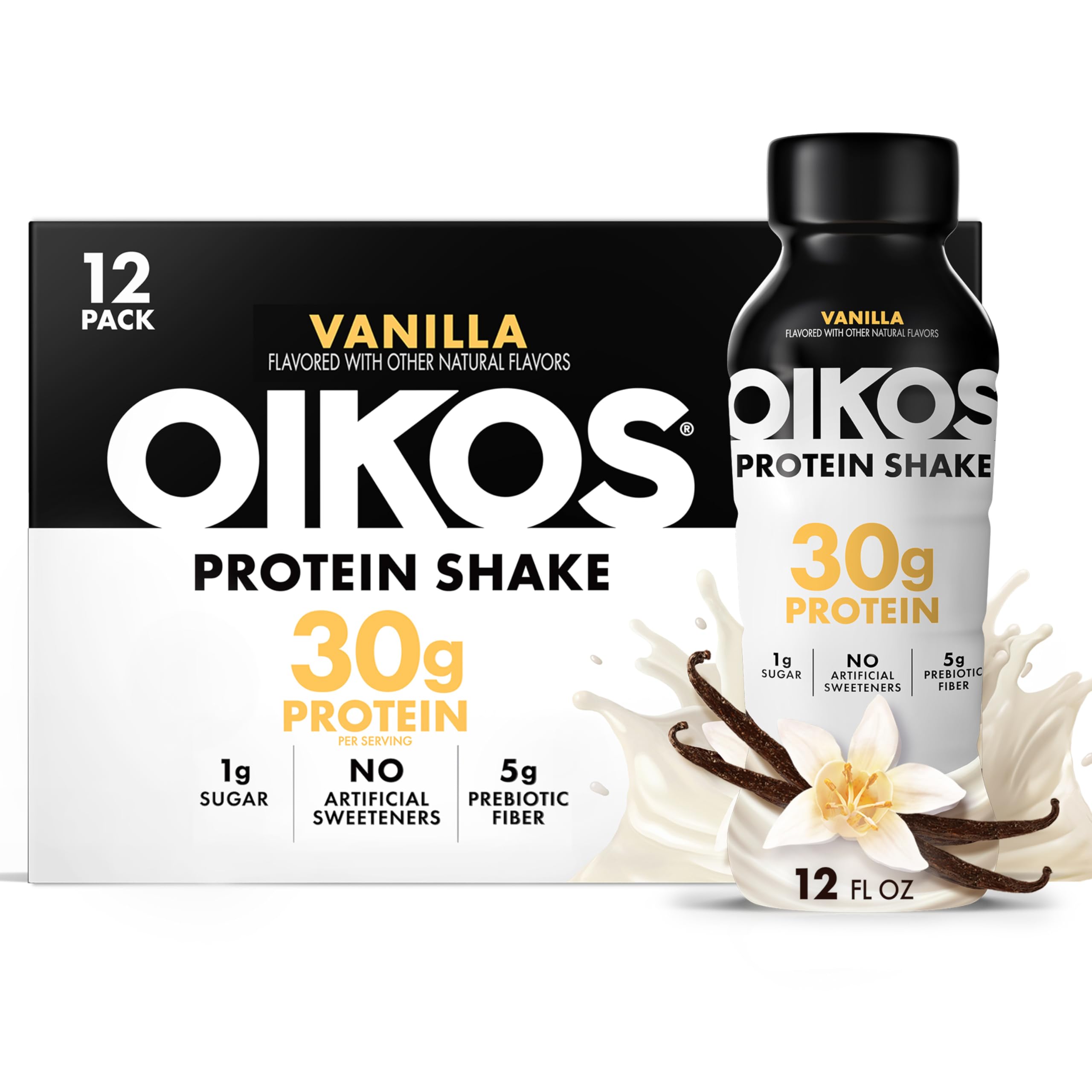 Photo 1 of Oikos Protein Shake, Vanilla, 30g High Protein Drinks, Shelf Stable, Ready to Drink, 5g Prebiotic Fiber, 12 fl oz Bottle, 12 Count?