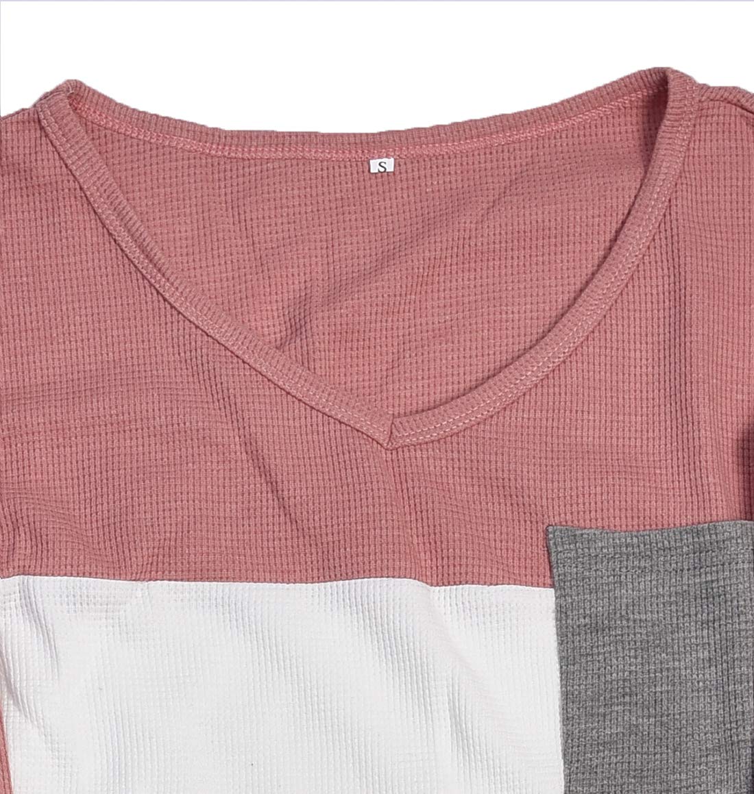 Ido4U Women\'s Long Sleeve Sweater Color Block Casual V Neck Waffle Knit Twist Blouses Tops (S,Pink)