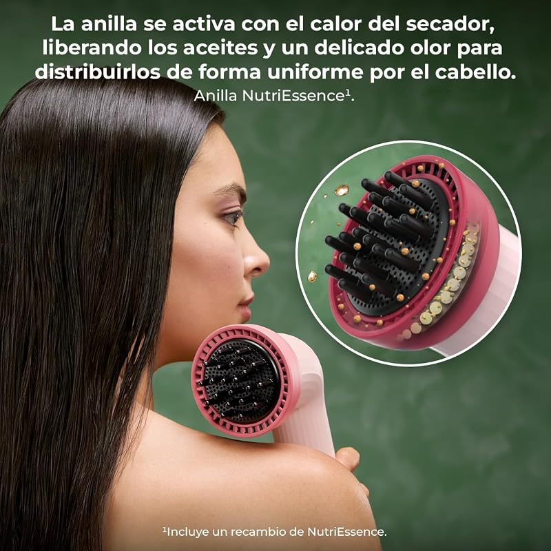 Secador de Pelo Compacto IoniCare Dry&Keratin Cotton Candy. 1200W, 107000RPM, Motor Brushless, Función Iónica, Cabezal con Tecnología NutriEssence y Púas Duras, Cabezal Concentrador, Rosa
