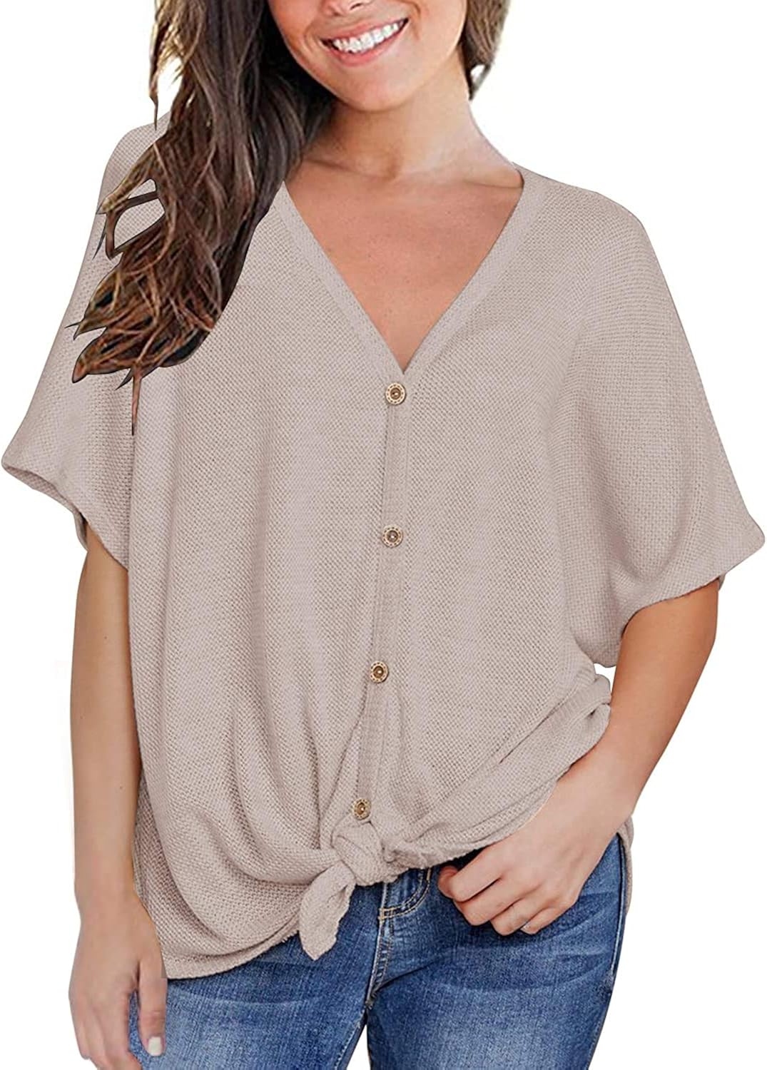 Womens Loose Blouse Short Sleeve V Neck Button Down T Shirts Tie Front