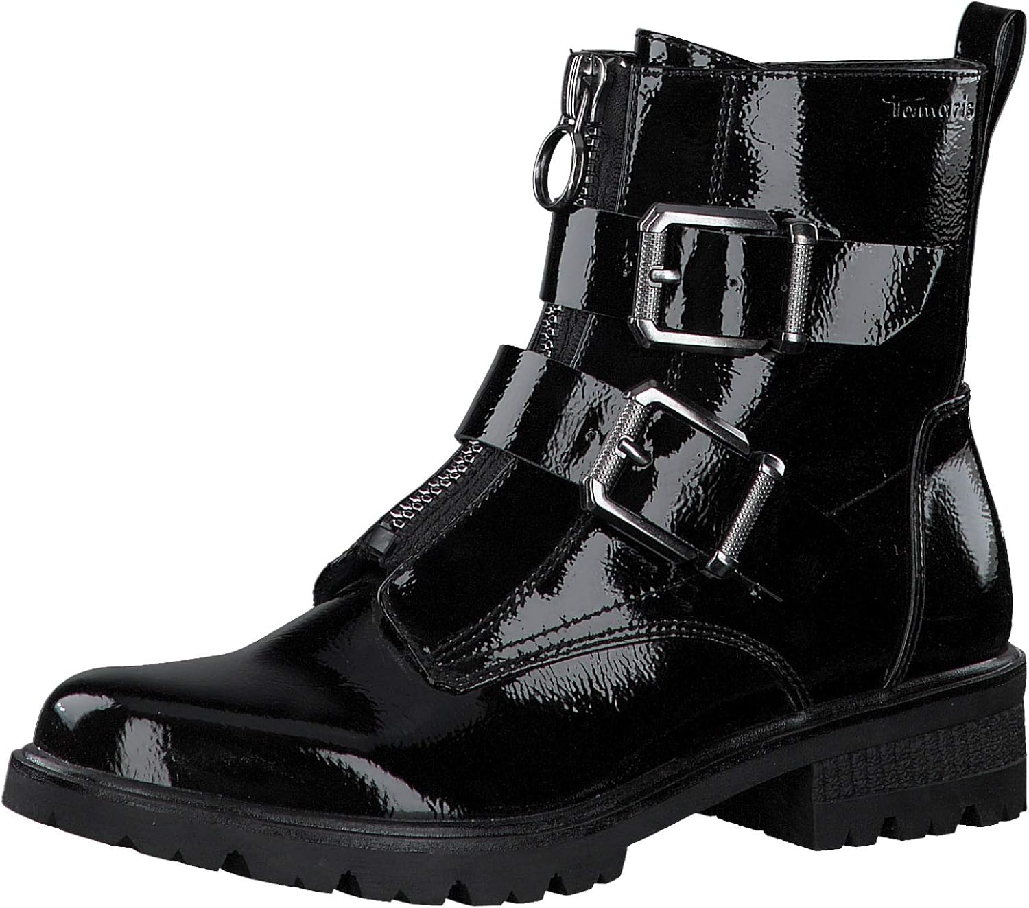 womens black patent biker boots