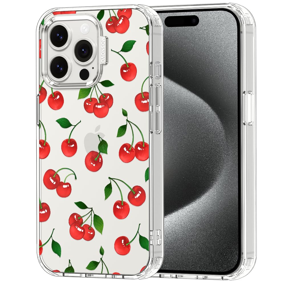 MOSNOVO Case for iPhone 15 Pro Max, [Buffertech 6.6ft Military-Grade Drop Protection] [Anti Peel Off Tech] Clear TPU Bumper Phone Case Cover Design - Cute Cherry — image 1