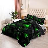 Nttopship Geometric Green Black Comforter Set,Light Honeycomb 3 Piece Bedding Set Queen Size for Teen Boys,Modern Quilt Set Geometry Decor,Microfiber Lightweight 1 Comforter 2 Pillowcases All Season