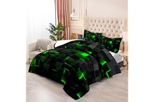 Nttopship Geometric Green Black Comforter Set,Light Honeycomb 3 Piece Bedding Set Twin Size for Teen Boys,Modern Quilt Set Geometry Decor,Microfiber Lightweight 1 Comforter 2 Pillowcases All Season