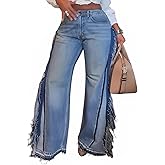 Tcremisa Womens Wide Leg Jeans High Waisted Baggy Jean Stretch Loose Fit Denim Pants Side Fringe Streetwear